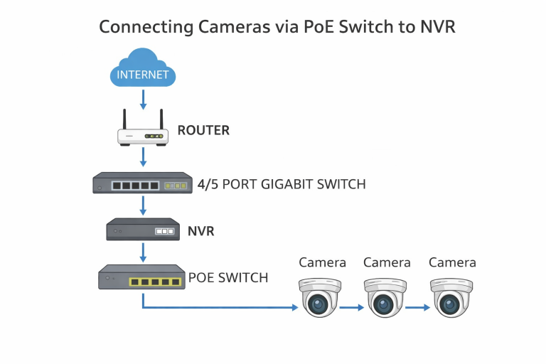 Hikvision IP camera network diagram showing router, network switch, NVR and PoE switch with cameras connected