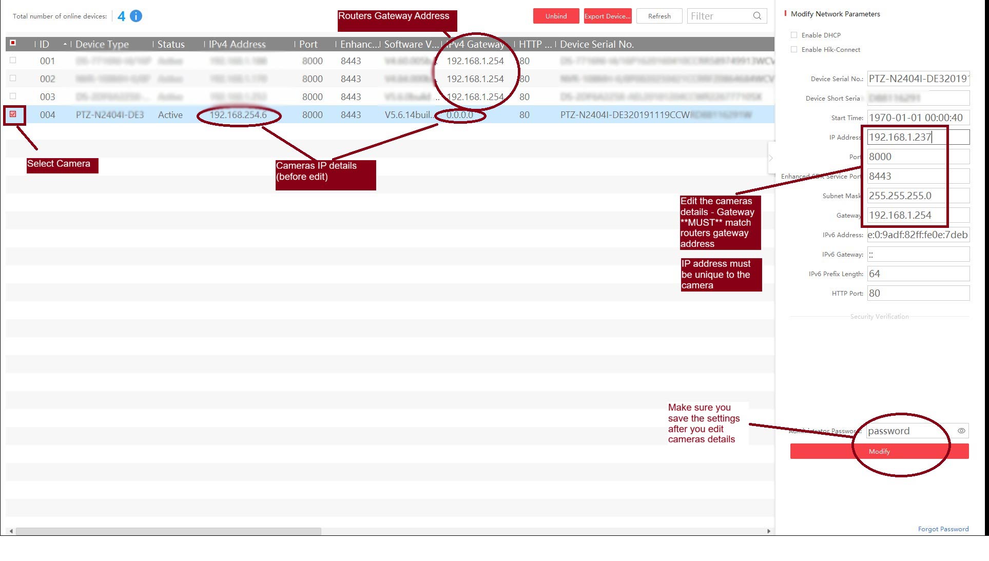 Hikvision SADP tool showing how to change a camera IP address and set the gateway to match the router.