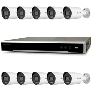 Hikvision 16Ch NVR IP CCTV Kit with 10x Hilook 8MP 4K ColorVu (White Light) PoE Bullet Camera with Built in Mic (2.8mm Lens / White)