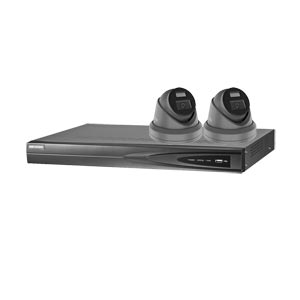 Hikvision 4Ch NVR IP CCTV Kit with 2x HiLook 5MP ColorVu (White Light) PoE Turret Camera with Built in Mic (2.8mm Lens / in Grey)
