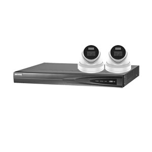 Hikvision 4Ch NVR IP CCTV Kit with 2x HiLook 5MP ColorVu (White Light) PoE Turret Camera with Built in Mic (2.8mm Lens)