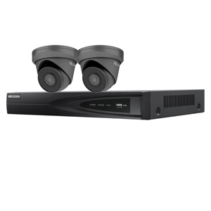 Hikvision 4Ch NVR IP CCTV Kit with 2x HiLook 5MP IP Turret Camera with 30m Night Vision, built in Mic & PoE (2.8mm Lens / Grey)