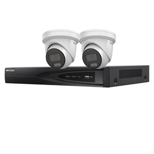 Hikvision 4Ch NVR IP CCTV Kit with 2x Hilook 8MP 4K ColorVu (White Light) 24/7 Colour PoE Turret Camera with Built in Mic (2.8mm Lens / White)