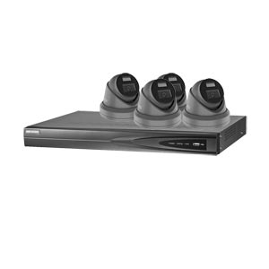 Hikvision 4Ch NVR IP CCTV Kit with 4x HiLook 5MP ColorVu (White Light) PoE Turret Camera with Built in Mic (2.8mm Lens / in Grey)