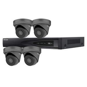 Hikvision 4Ch NVR IP CCTV Kit with 4x HiLook 5MP IP Turret Camera with 30m Night Vision, built in Mic & PoE (2.8mm Lens / Grey)