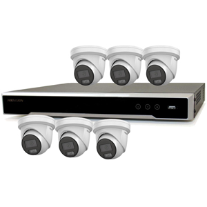 Hikvision 8Ch NVR IP CCTV Kit with 6x Hilook 8MP 4K ColorVu (White Light) 24/7 Colour PoE Turret Camera with Built in Mic (2.8mm Lens / White)