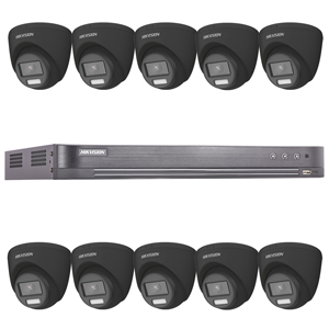 Hikvision 16Ch HD-TVI CCTV Kit with 10x 5MP 3K Fixed Lens ColorVu PoC White Light Black Turret Camera (2.8mm Lens)