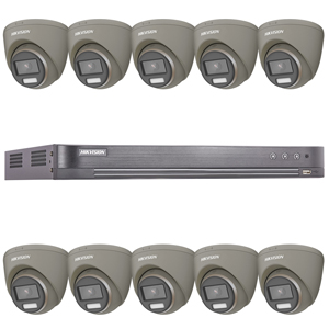 Hikvision 16Ch HD TVI Kit with 10x 5MP 3K Fixed Lens ColorVu White Light PoC Grey Turret Camera (2.8mm Lens)