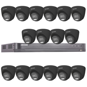 Hikvision 16Ch HD-TVI CCTV Kit with 16x 5MP 3K Fixed Lens ColorVu PoC White Light Black Turret Camera (2.8mm Lens)