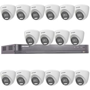 Hikvision 16Ch HD-TVI CCTV Kit with 16x 5MP 3K Fixed Lens ColorVu PoC White Light Turret Camera (2.8mm Lens)
