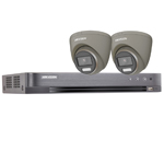 Hikvision 4Ch HD TVI Kit with 2x 5MP 3K Fixed Lens ColorVu White Light PoC Grey Turret Camera (2.8mm Lens)