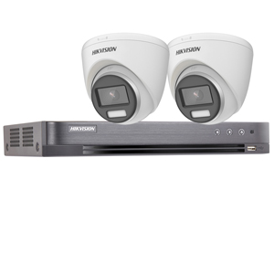 Hikvision 4Ch HD-TVI CCTV Kit with 2x 5MP 3K Fixed Lens ColorVu PoC White Light Turret Camera (2.8mm Lens)