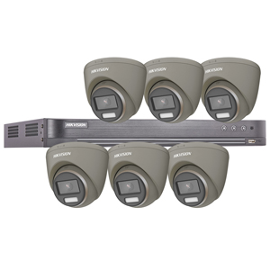 Hikvision 8Ch HD TVI Kit with 6x 5MP 3K Fixed Lens ColorVu White Light PoC Grey Turret Camera (2.8mm Lens)