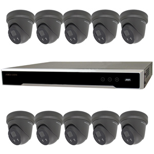 Hikvision 16Ch IP CCTV Kit with 10x DarkFighter AcuSense 4MP Grey IR Turret Network Camera with built in Mic