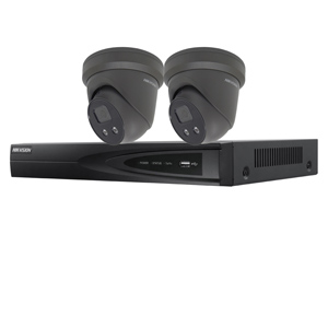 Hikvision 4Ch IP CCTV Kit with 2x DarkFighter AcuSense 4MP Grey IR Turret Network Camera with built in Mic