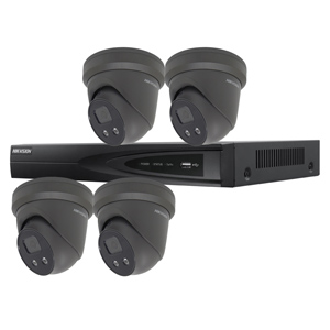 Hikvision 4Ch IP CCTV Kit with 4x DarkFighter AcuSense 4MP Grey IR Turret Network Camera with built in Mic