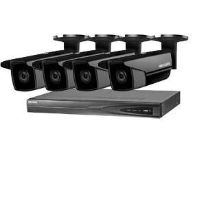 5MP 120dB WDR Hikvision 4 Channel IP CCTV System with 4 x 50m EXIR 5MP Bullet Cameras in Black